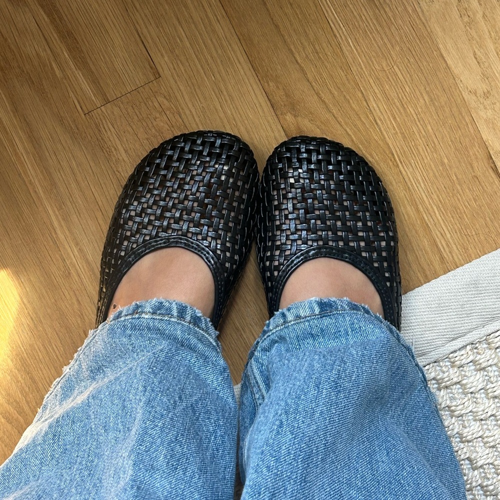 Black Woven Leather Ballet Flats
